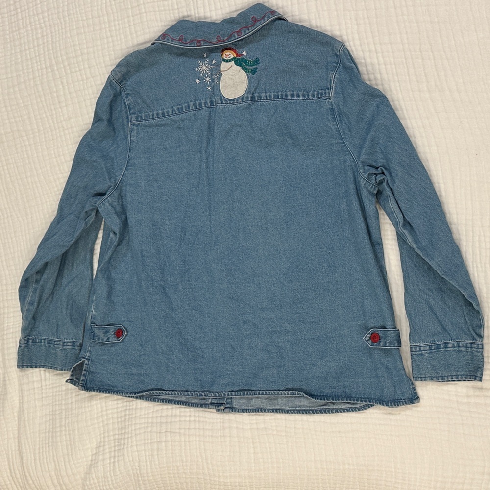 CJ Banks Blue Button Down Shirt with Snowman Embroidery - Picture 4 of 10
